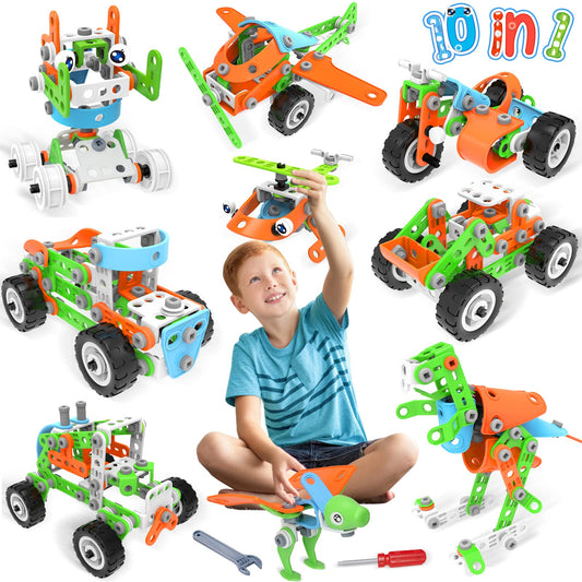 MOONTOY construction toy for boys aged 5-9, 218 pieces dinosaur building blocks toy for kids, 10-in-1 educational building set, great gift for boys and girls.