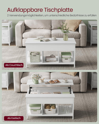 VASAGLE Coffee Table, Adjustable Living Room Table, Open and Hidden Storage, X-Struts, 60 x 100 x (48-62) cm, Snow White-White LCT205W46
