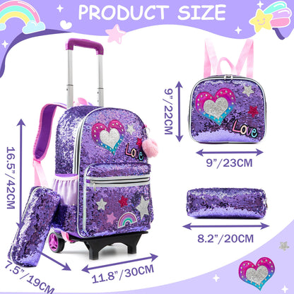 HTgroce Purple Love Trolley Backpack with Wheels, Pencil Case, Lunch Bag 3 in 1 Sequin Rolling School Bag for Girls, School Bag Sets Perfect for Children Students in Grades 2-6