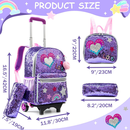 HTgroce Purple Love Trolley Backpack with Wheels, Pencil Case, Lunch Bag 3 in 1 Sequin Rolling School Bag for Girls, School Bag Sets Perfect for Children Students in Grades 2-6