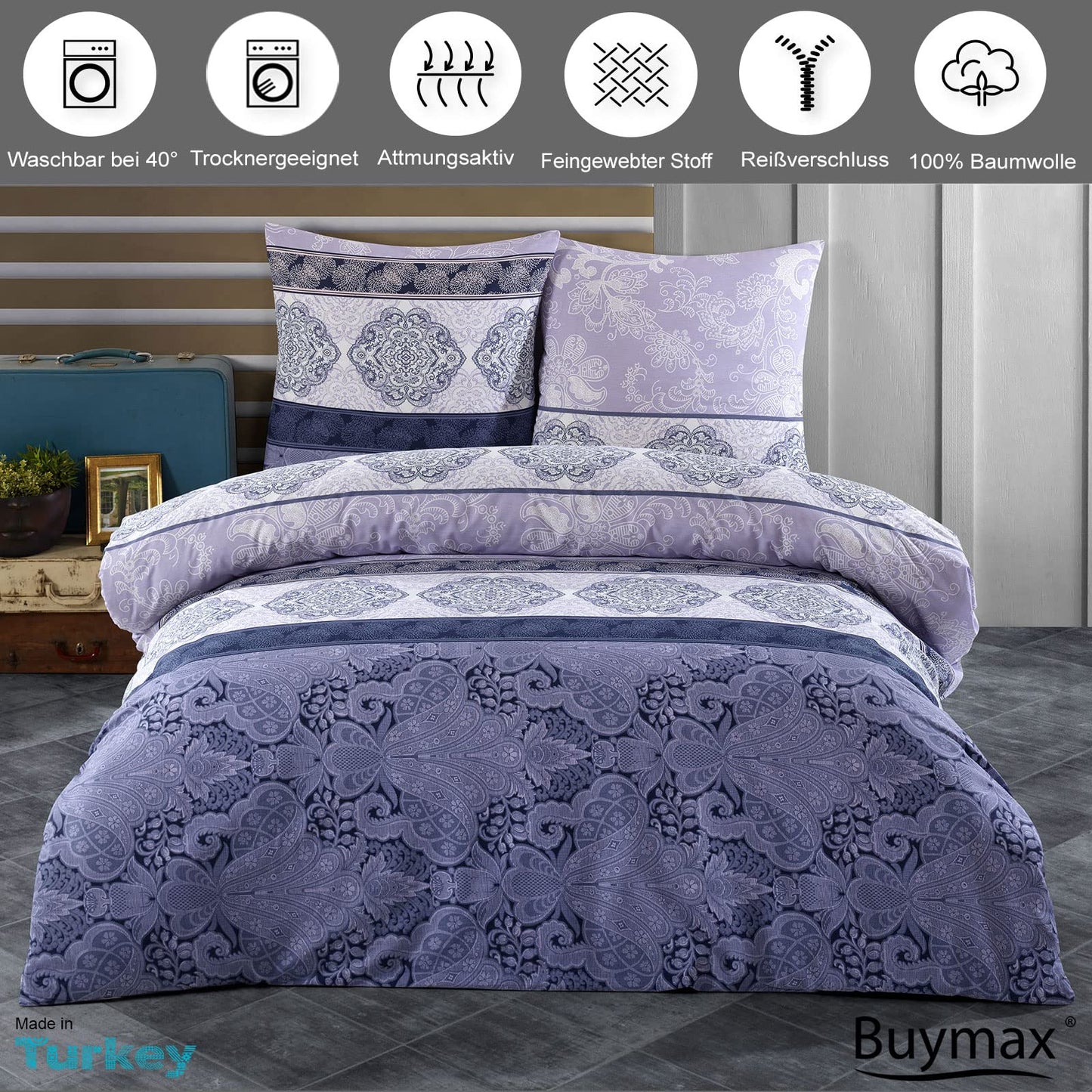 Buymax® bedding 155x220cm 100% cotton 2-piece duvet cover - bedding sets 155 x 220cm with 1 pillowcase 80x80cm, ÖKO-TEX Renforcé duvet cover set with zipper