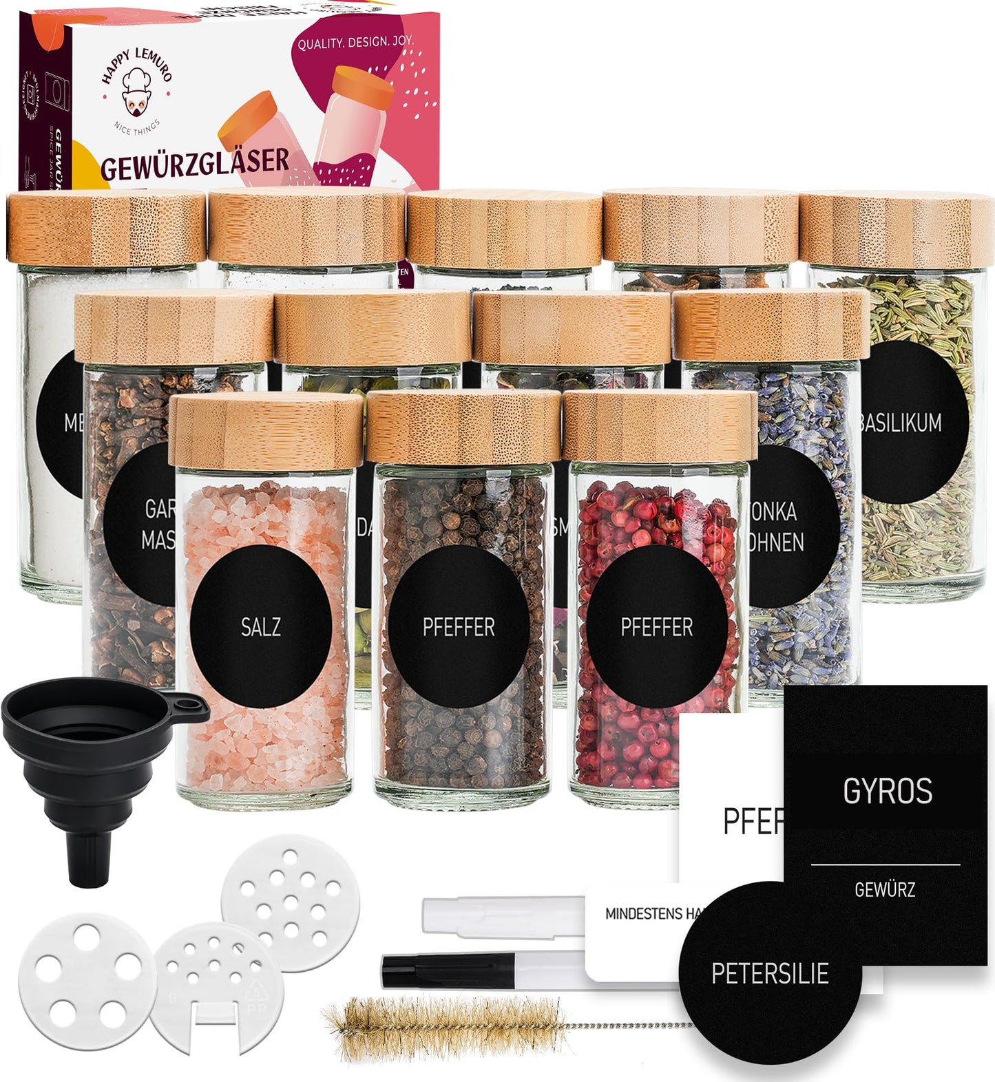 Happy Lemuro Spice Jars Round [12 x 100ml] 399 Spice Labels, Bamboo Lids | Spice Containers with Wooden Caps & lots of accessories. Set of 24 Spice Jars, Spice Storage Organizer.