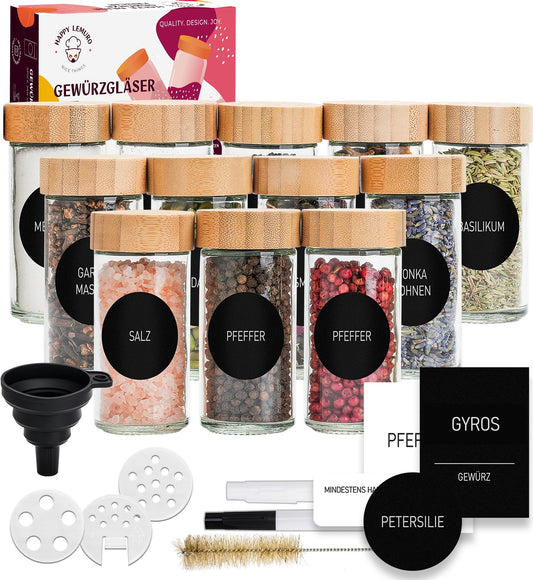 Happy Lemuro Spice Jars Round [12 x 100ml] 399 Spice Labels, Bamboo Lids | Spice Containers with Wooden Caps & lots of accessories. Set of 24 Spice Jars, Spice Storage Organizer.