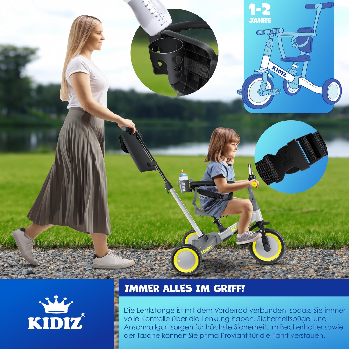 KIDIZ® 6in1 Balance Bike Tricycle | Suitable for children from 1 to 5 years | Supports up to 25kg | Includes handlebar, safety bar, seatbelt, bell, and mirror | Grey color