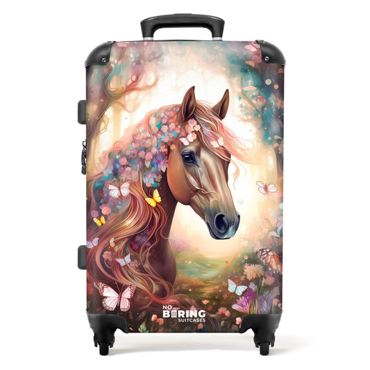 NoBoringSuitcases.com® Travel luggage for kids, suitcase for girls. Lightweight travel trolley with wheels. Horse - flowers - butterflies design. Medium-sized children's luggage, 67x43x25cm.