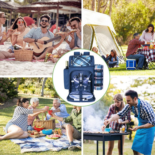 Hap Tim picnic basket backpack for 2 people with insulated leakproof cooler compartment, wine holder, fleece blanket, cutlery set, perfect for beach camping party (EU-36083-BL)