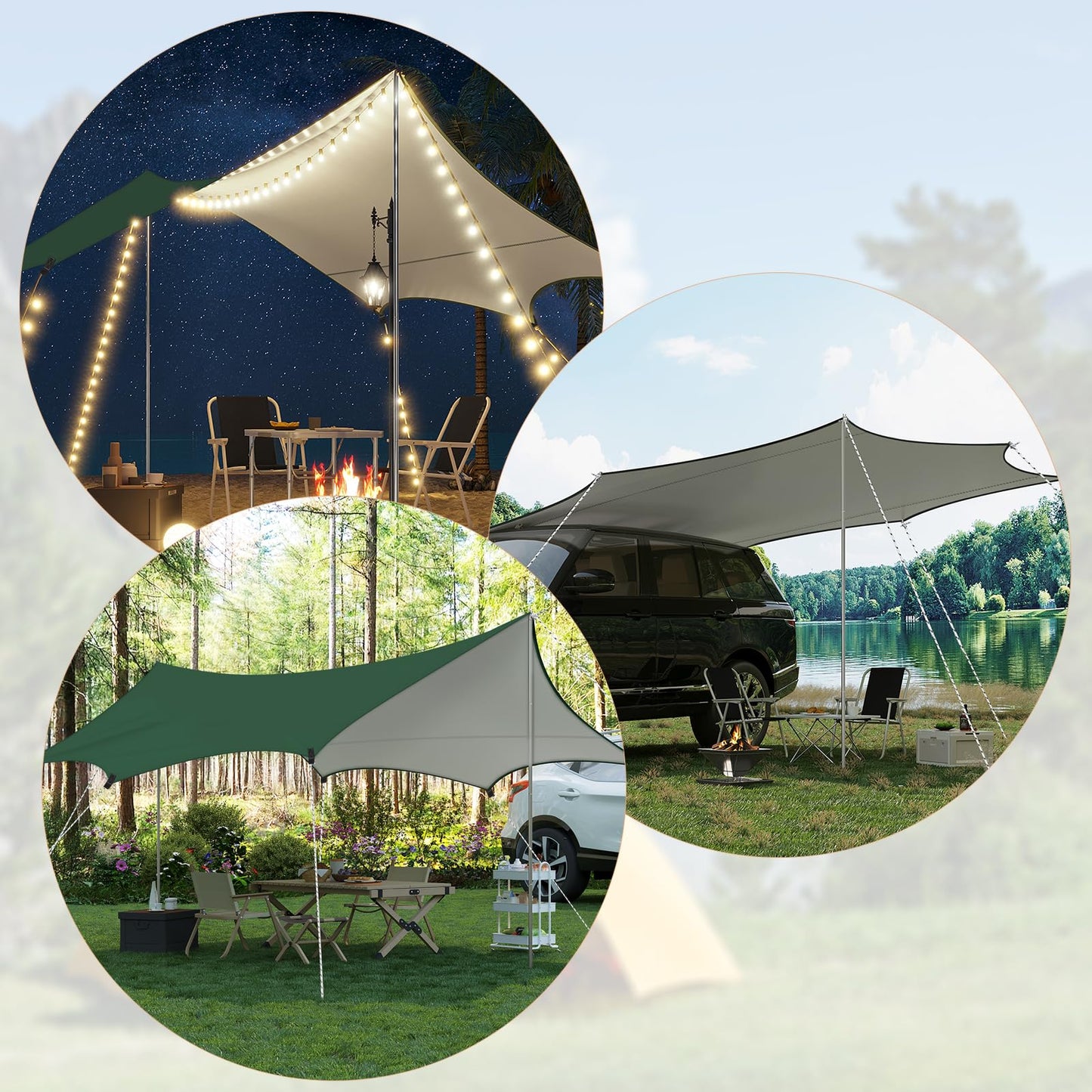 WOLTU tent tarp waterproof 4.4x4.4m PU 3000mm, UV protection tarp with 2 support poles, multifunctional ultralight camping tarp sun/rain protection for picnic hiking hammock