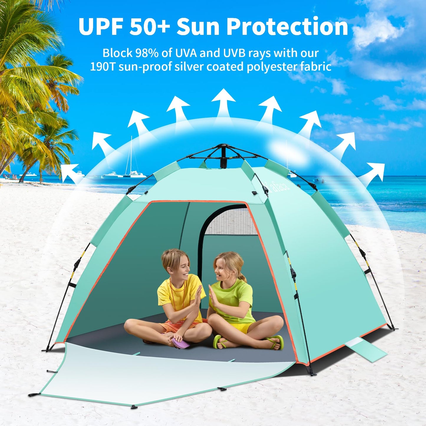 Yafaca Beach Shelter, 1-3 person automatic pop-up tent, large UV 50+ sun protection portable two-door lightweight pop-up beach tent for garden, fishing, picnic.
