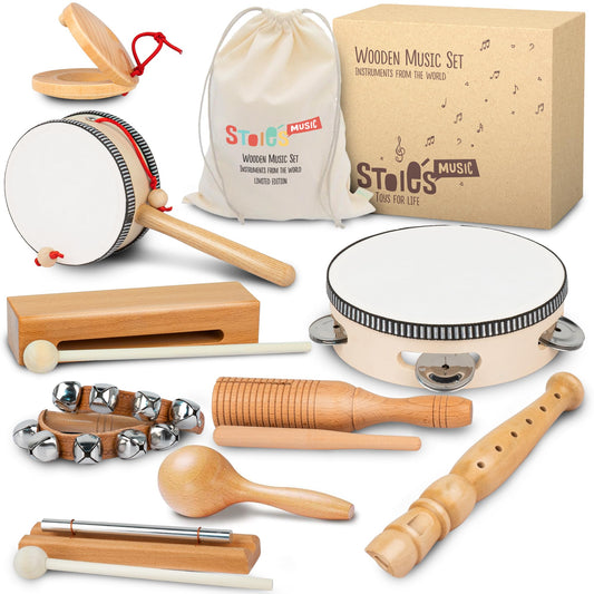 Stoie's International Wooden Music Set for toddlers and kids, eco-friendly music set with cotton storage bag.