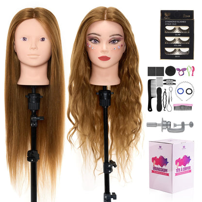 Neverland Beauty 71 cm training head with 60% real hair, barber mannequin head, cosmetology doll head with table clamp and hairdressing tool set, straight, human hair, sew-in gold.