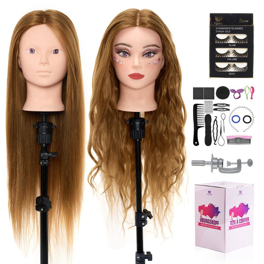 Neverland Beauty 71 cm training head with 60% real hair, barber mannequin head, cosmetology doll head with table clamp and hairdressing tool set, straight, human hair, sew-in gold.