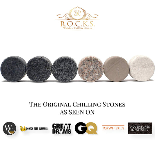 Whiskey Stones Gift Set- 6 Handcrafted Premium Granite Stones- Presentation & Storage Tray Made of Hardwood R.O.C.K.S.