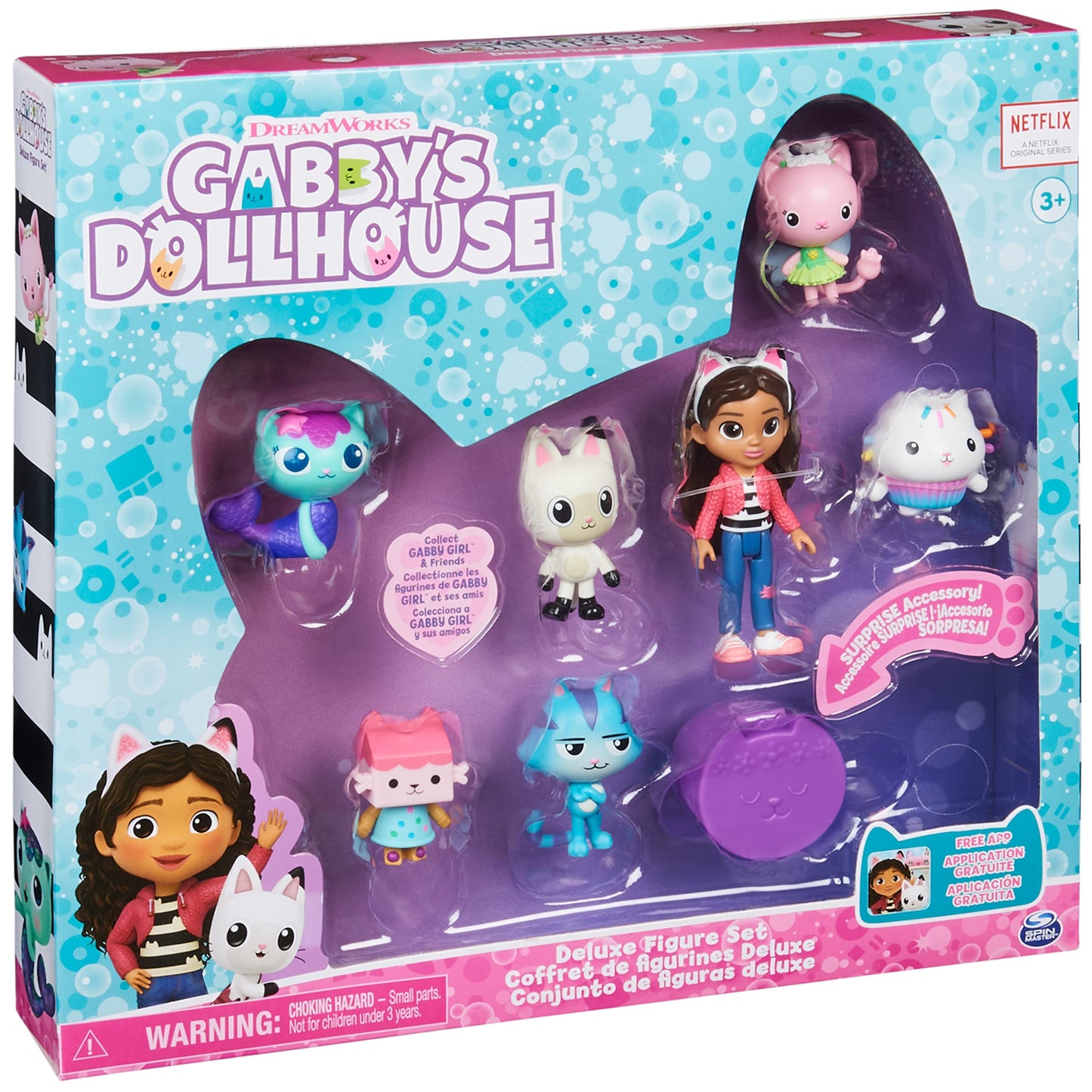 Gabby's Dollhouse, Figures Gift Set, Gabby with 6 cat figures and 1 Cat Delivery Surprise Box, suitable for children ages 3 and up.