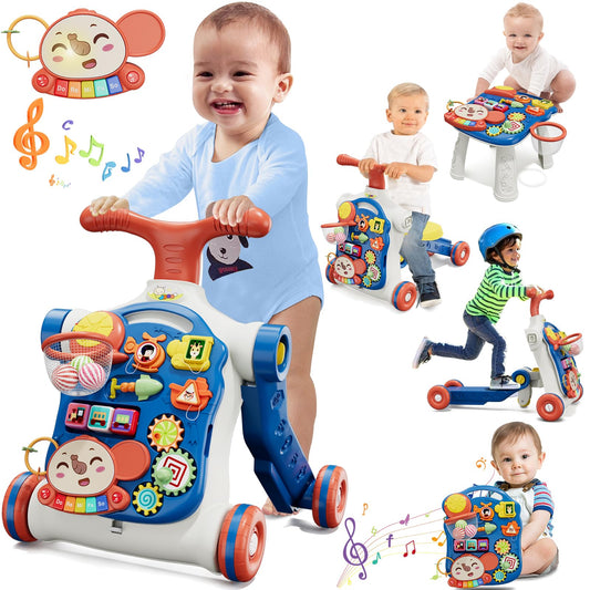 HYES 5 in 1 walker, baby play and walking aid with music and detachable playboard, baby walker toy, for children from 3-30+ months, blue