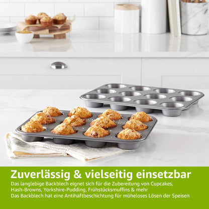 Amazon Basics Round Muffin Pan, Non-Stick Coating, Carbon Steel, 2-Pack, Gray, 13.9"x10.55"x1.22"