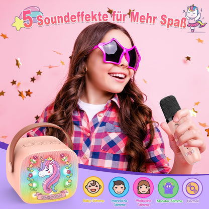 Disco light Karaoke Machine with 2 Bluetooth microphones for kids, unicorn gift for girls 3-12 years old. Portable karaoke microphone toy for kids aged 3-12, girls gift microphone for kids.