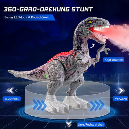 BAZOVE Remote Control Dinosaur Toy, 2.4GHz Electronic RC Velociraptor Dino Toy with 360° Spin Stunt, Spray function, Roaring and LED Light, Gift for Boys Girls 3+ Years