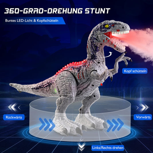 BAZOVE Remote Control Dinosaur Toy, 2.4GHz Electronic RC Velociraptor Dino Toy with 360° Spin Stunt, Spray function, Roaring and LED Light, Gift for Boys Girls 3+ Years