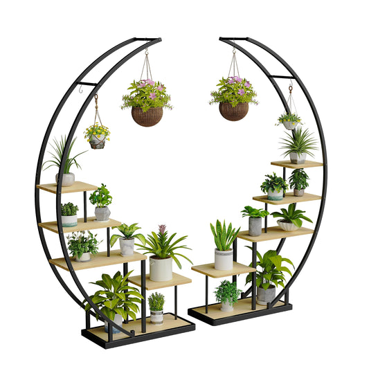 Ribelli 5-tier metal plant stand in half moon shape 172cm, plant shelf with 5 shelves & hooks, tall flower stand plant ladder with tip protection for balcony living room terrace (2 pieces, Brown)