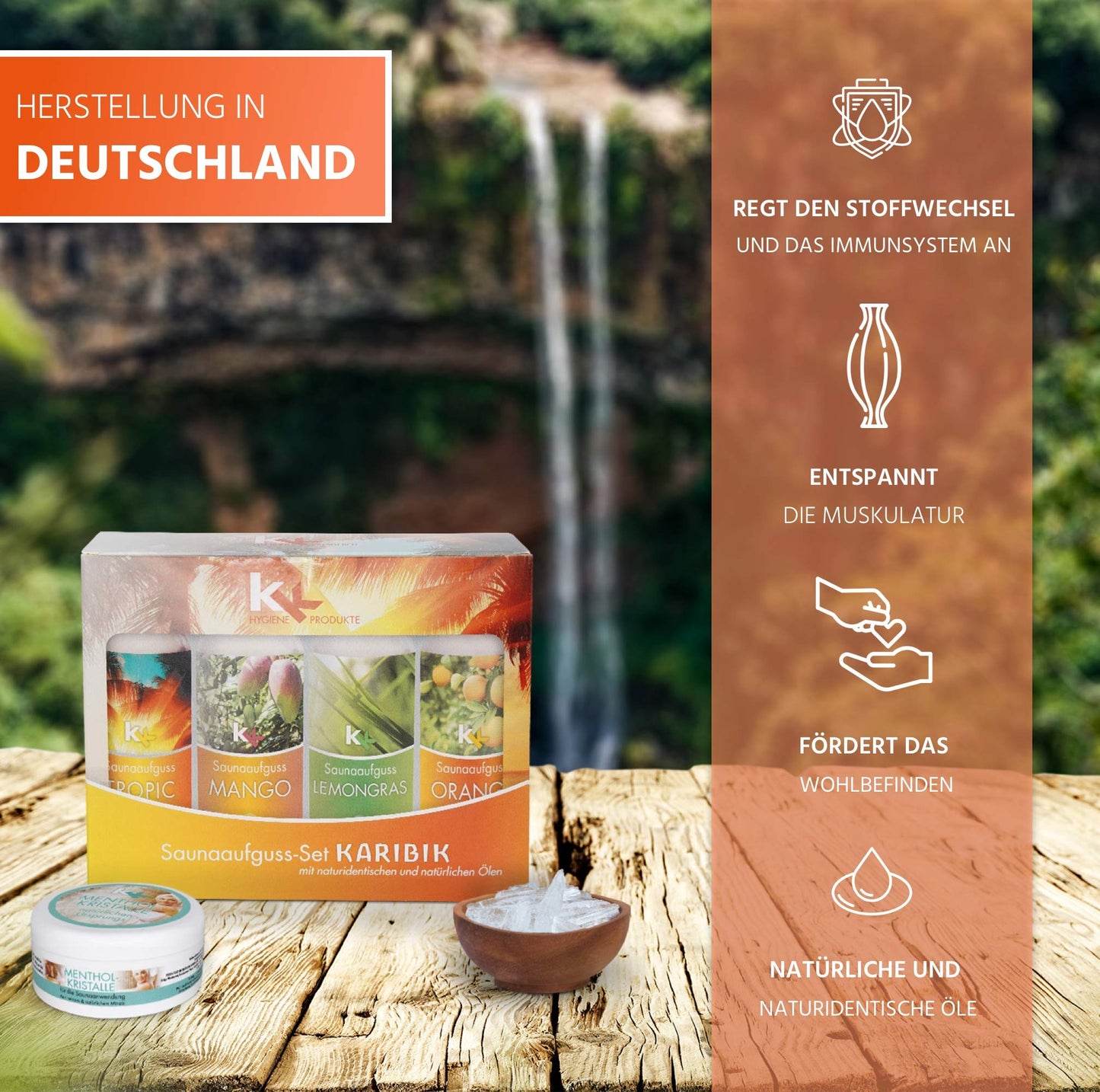 Sauna Set | KK Sauna infusion set 4 x 100 ml + 50g menthol crystals | Sauna concentrate + menthol crystals (Caribbean), incl. 50 g menthol crystals)