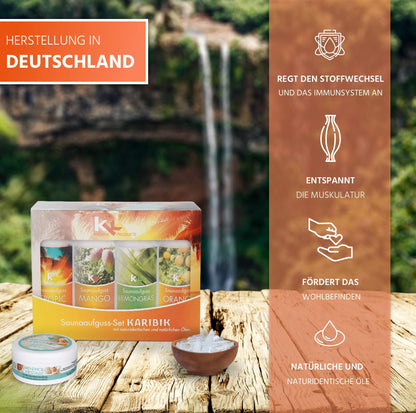 Sauna Set | KK Sauna infusion set 4 x 100 ml + 50g menthol crystals | Sauna concentrate + menthol crystals (Caribbean), incl. 50 g menthol crystals)