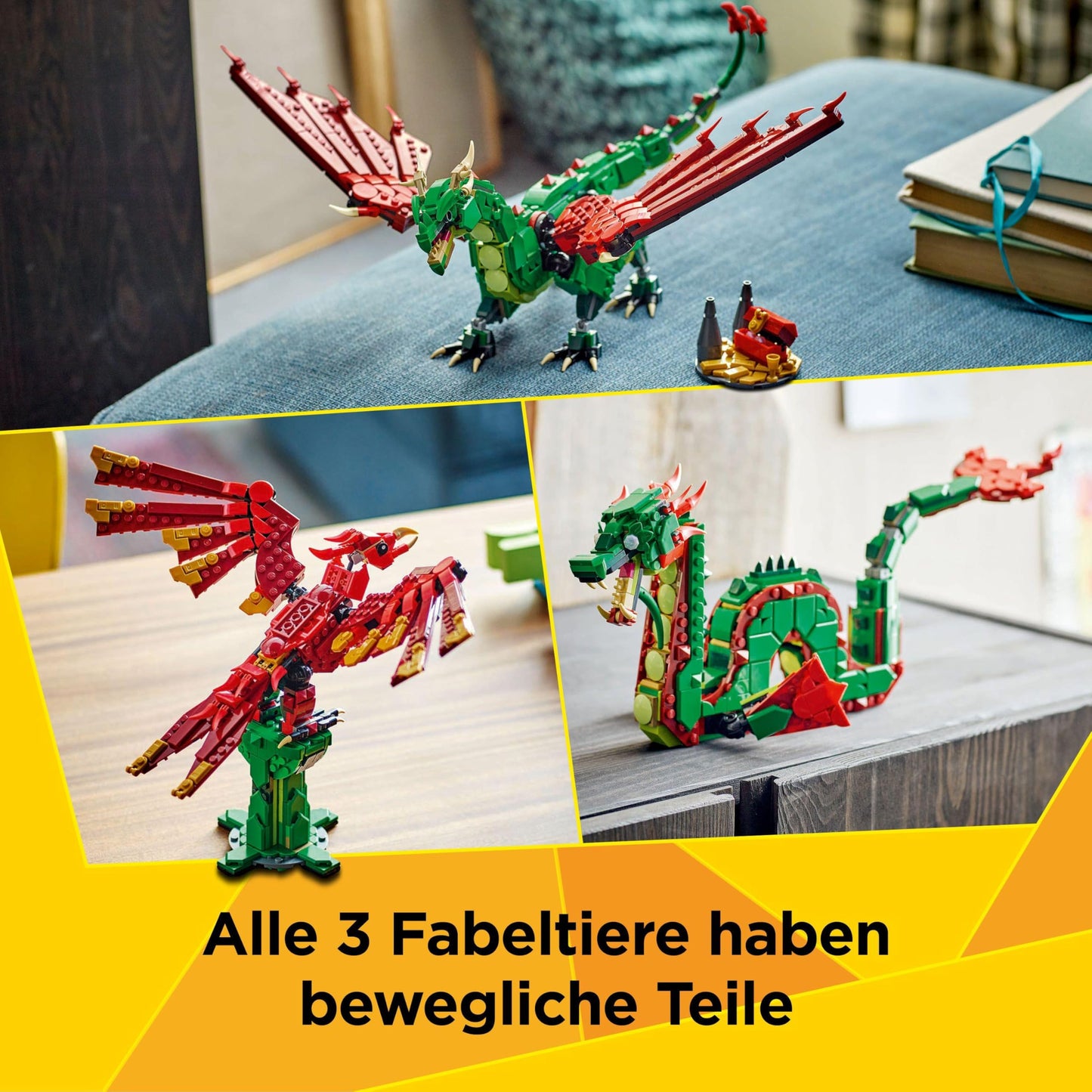 LEGO Creator 3in1 Green Dragon - Toy - Rebuildable into Toy Sea Serpent or Phoenix Figure - Animal Building Toy for Kids - Birthday Gift for Boys and Girls 9+ years 31161