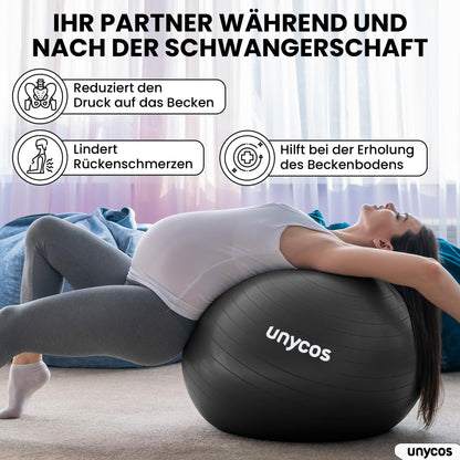 unycos - Exercise ball 65 cm stability ball training ball for yoga, fitness, medicine ball, balance ball, core training strength, Pilates ball | Incl. pump, BPA-free, anti-burst (grey with logo)