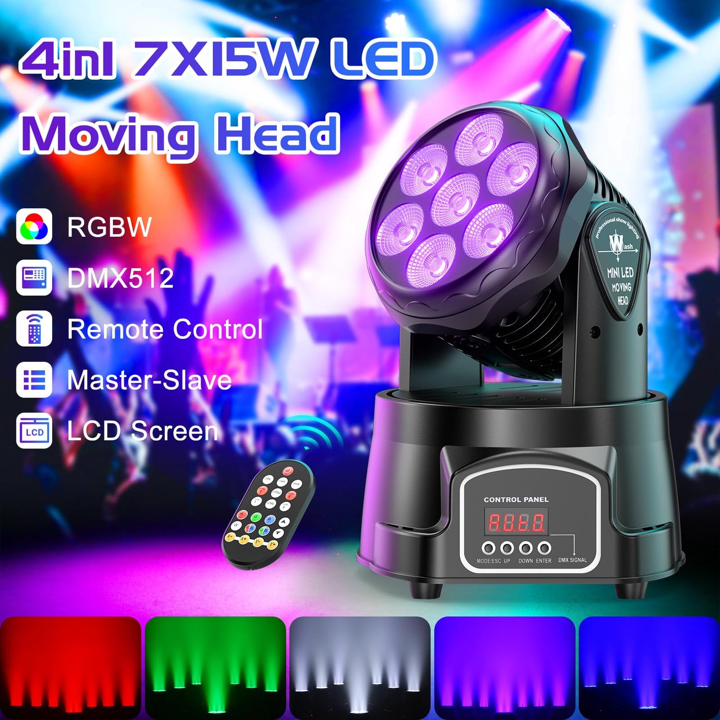2 pack 7X15W Moving Head Wash LED lights with dmx512 RGBW, 5 control modes, 4 in 1 DJ lights for live events, bar, karaoke, Christmas, Halloween, home parties, weddings.