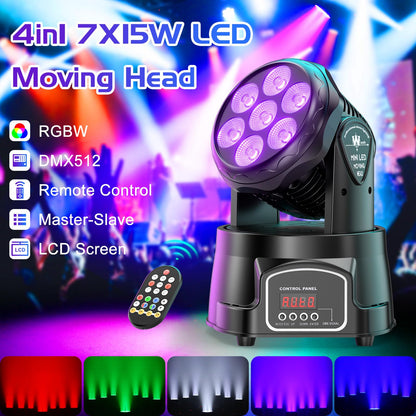 2 pack 7X15W Moving Head Wash LED lights with dmx512 RGBW, 5 control modes, 4 in 1 DJ lights for live events, bar, karaoke, Christmas, Halloween, home parties, weddings.