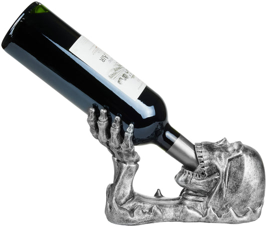 BRUBAKER wine bottle holder skull - bottle holder drinking skull with skeleton hand silver - bottle stand decor figure hand-painted wine accessory - funny decoration - wine gift