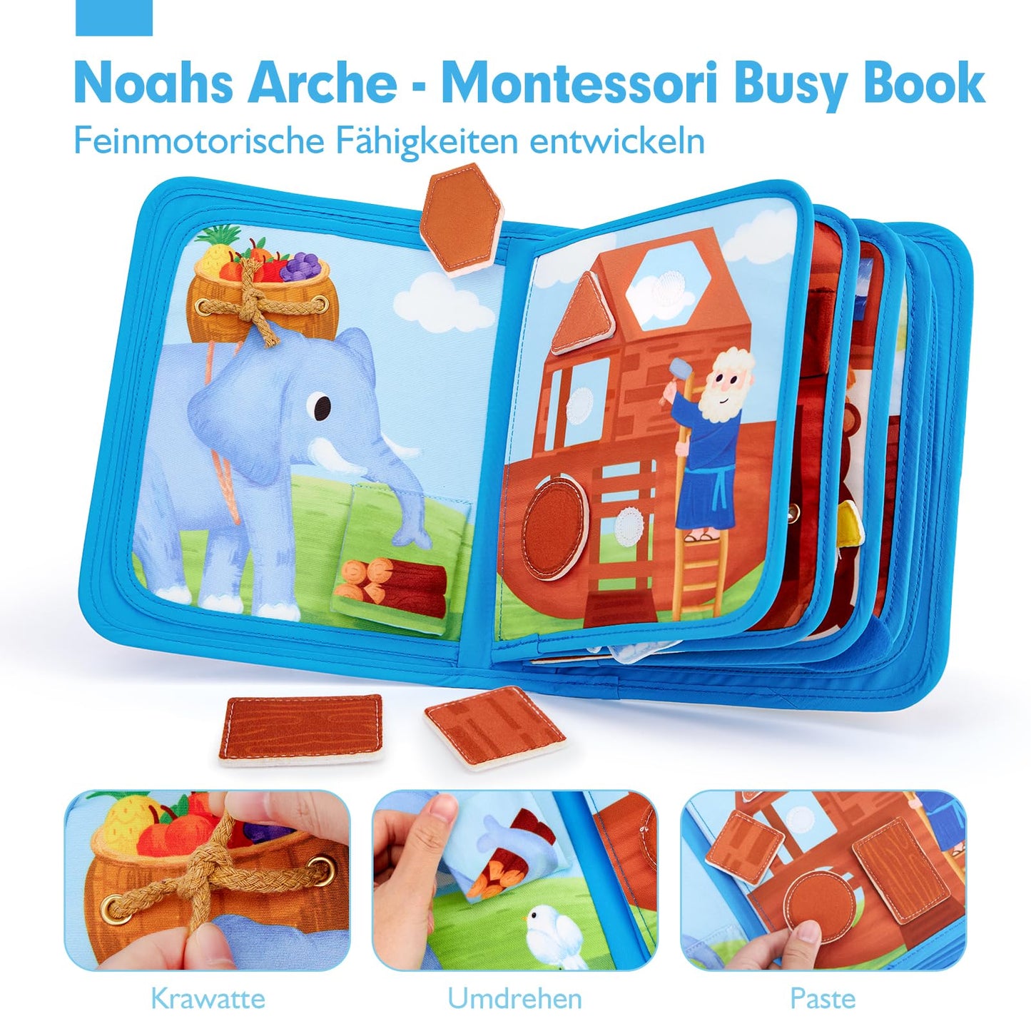 hahaland Quiet Book for 1 year + - Noah's Ark Bible story, 18 classic activities busy board promotes fine motor skills, busy book baptism gift for Montessori toys for 1 2 3 years.