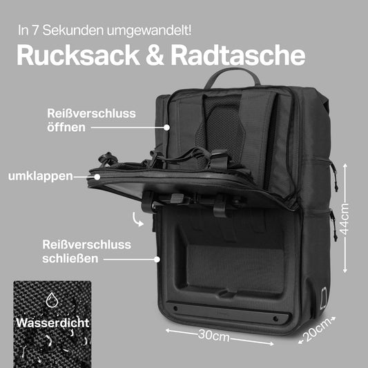 otinga® Flip V2 bike bag backpack [34L volume] for any luggage rack I Stylish luggage rack bag with backpack - converted in 7 seconds I Waterproof bike backpack luggage rack