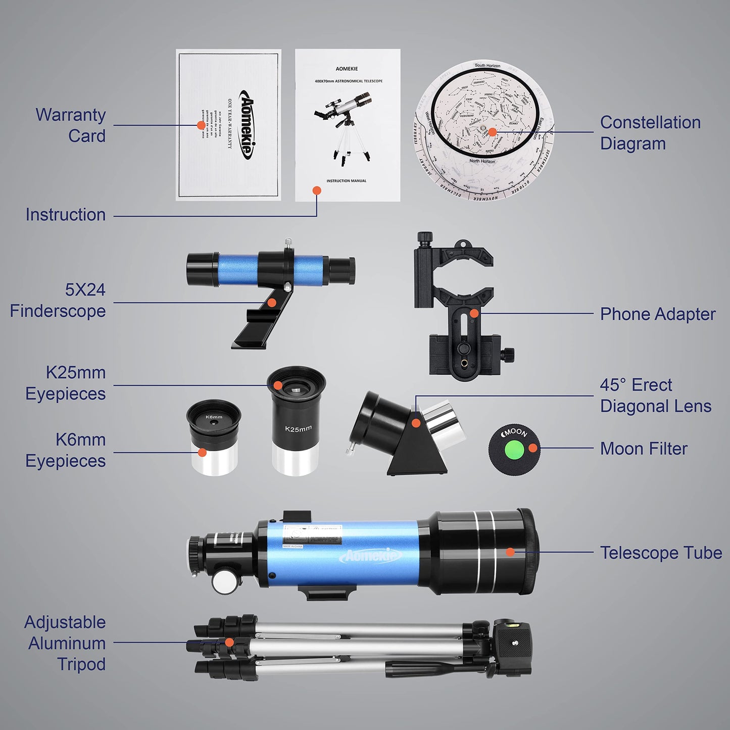 Aomekie Telescope Astronomy 70/400 Telescope for Kids Beginners Amateur Astronomers with Aluminum Tripod Smartphone Adapter and Moon Filter (40070)