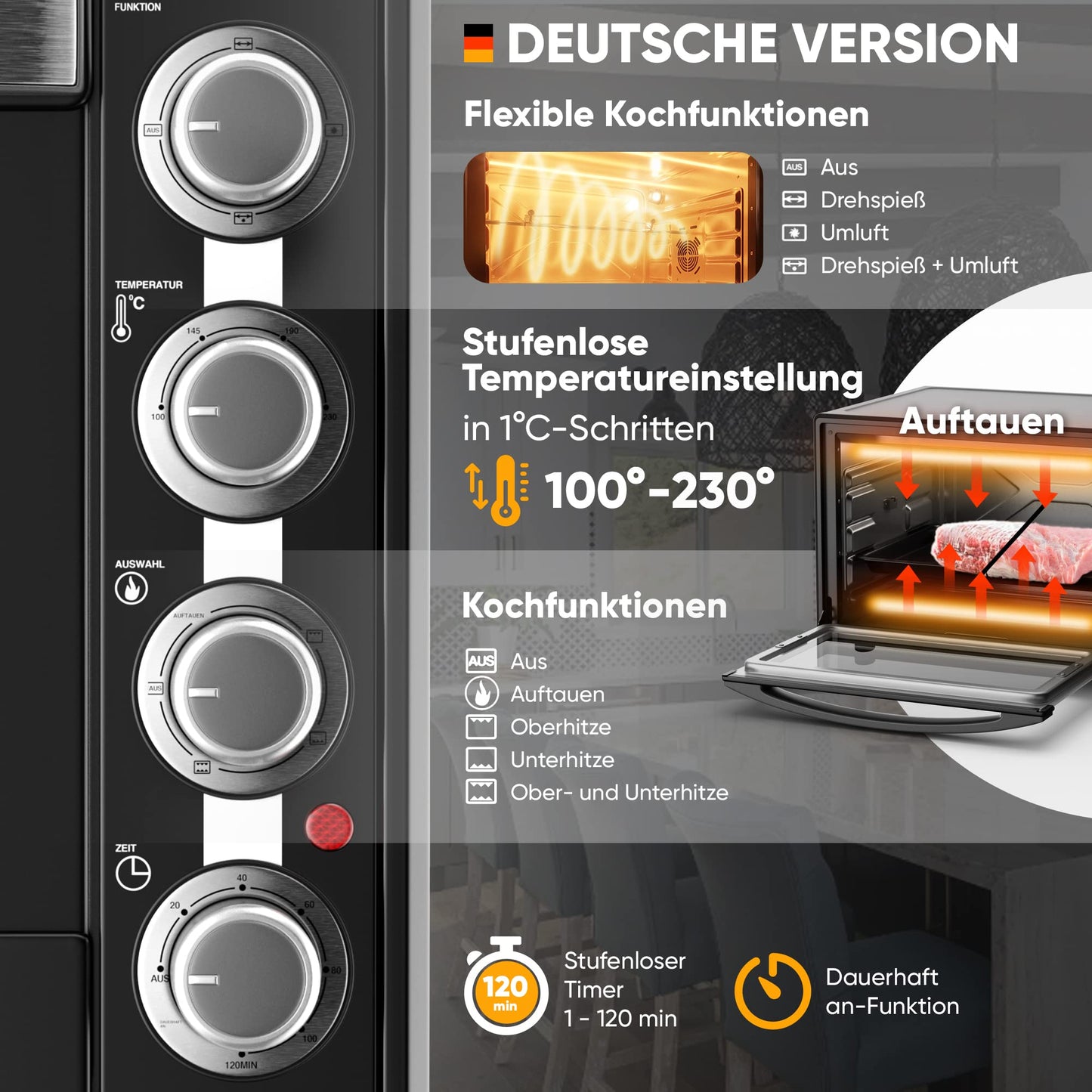 Stillstern Mini Oven with Fan 60L (DE Version) Pizza Ø40, CYCLONE PRO+ Non-Stick Coating, Defrost, 2h Timer, Camping Mini Fan Oven Pizza Oven Mini Oven Small Rotisserie Chicken Grill with Rotisserie.