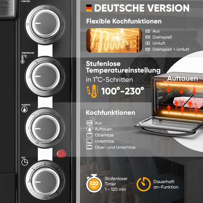 Stillstern Mini Oven with Fan 60L (DE Version) Pizza Ø40, CYCLONE PRO+ Non-Stick Coating, Defrost, 2h Timer, Camping Mini Fan Oven Pizza Oven Mini Oven Small Rotisserie Chicken Grill with Rotisserie.