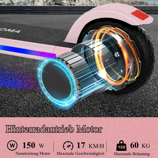 Caroma E-Scooter for kids aged 8-12, 150W motor, 16 km/h, kids' electric scooter, adjustable speed & height, colorful lights, LED display, foldable electric scooter for kids.