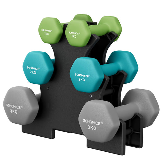 SONGMICS dumbbell set, hexagonal, with dumbbell stand, 2 x 1 kg, 2 x 2 kg, 2 x 3 kg, matte finish, neoprene coating, strength training, at home, lime green, aquamarine and light gray SYL612GN