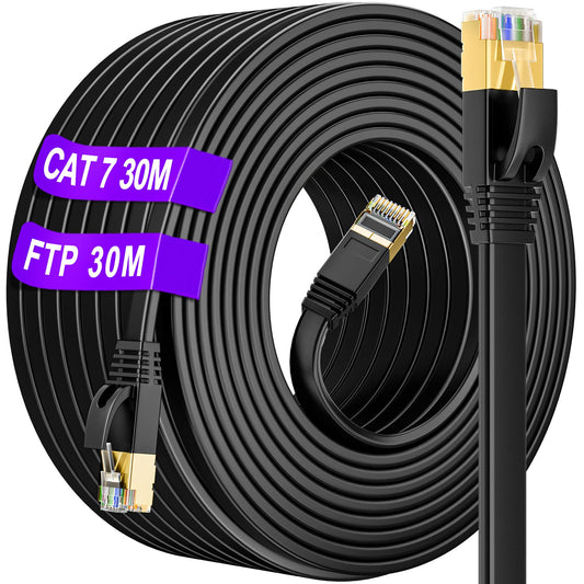 30m Cat 7 LAN Cable 30 meters Flat Outdoor Indoor, S/FTP Network Cable CAT7 30m High Speed 10000Mbps Gigabit Ethernet Cable Waterproof Anti-Interference (30 Clips) - Faster than Cat6/Cat5