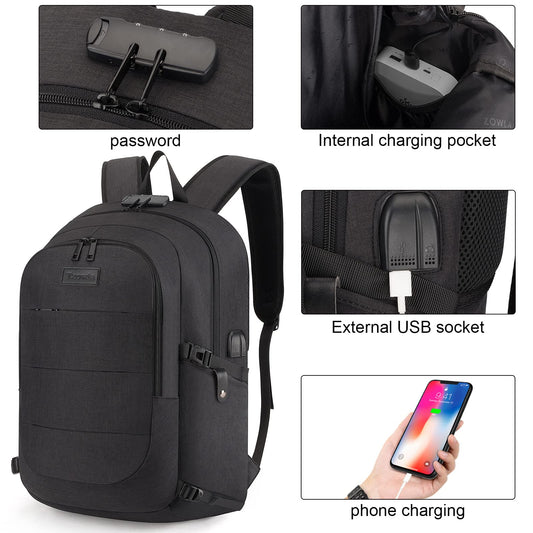 Tzowla Laptop Backpack for Men and Women, Travel Backpack Waterproof Anti-Theft with USB Charging Port and Lock for 15.6 Inch Notebook, Slim Business Work Casual Daypack-Black