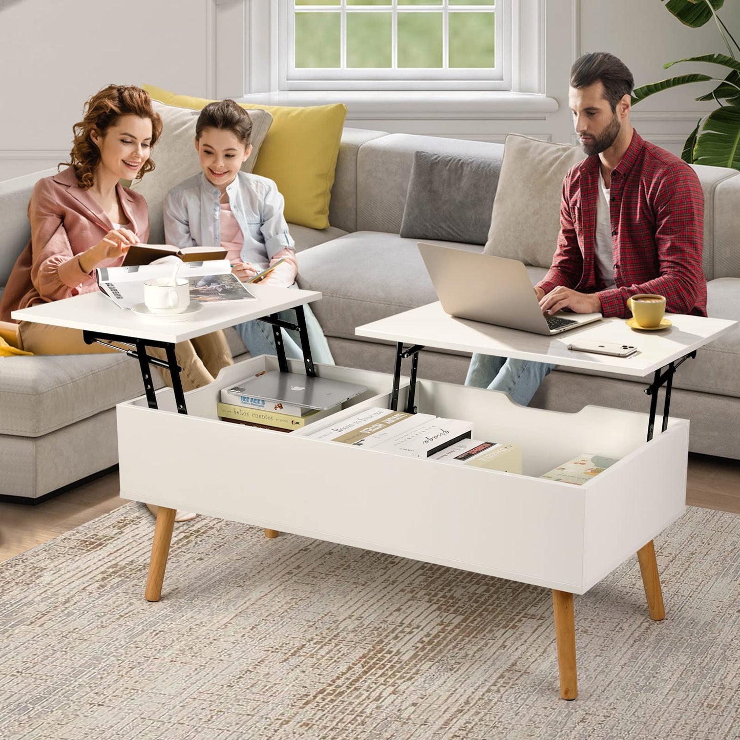 VOWNER Coffee Table, Adjustable Height, Extendable, Retractable, Separate Hidden Storage, Double Lift Top, Living Room Table, White.