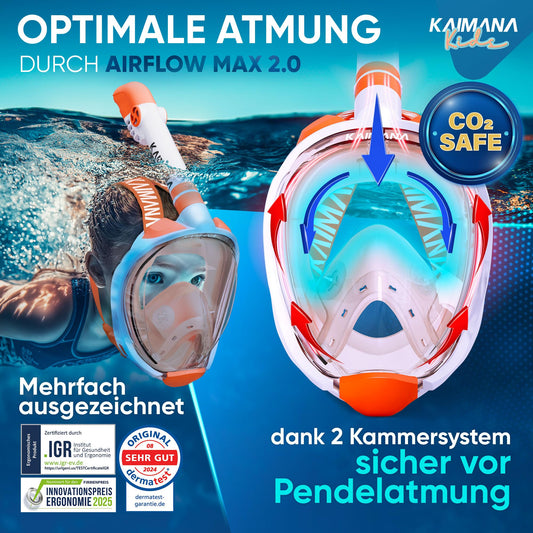 The award-winning KAIMANA® snorkel mask for children with carrying case - completely CO₂ safe diving mask for kids - diving mask - diving goggles for kids 4 years of age - snorkel mask