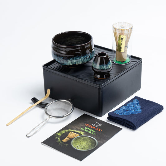 TEANAGOO Matcha set with storage box, 10-piece Matcha tea set, ceramic Matcha bowl (510ml/18oz), bamboo whisk (百本立), scoop, sieve, whisk holder, WN4, Juware green.