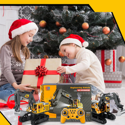 FUYLEY Remote Control Toy for Boys, Metal Shovel for 14K RC Excavator, 2.4 GHz with Sound Spray, Construction Toy RC 680° Rotation for Boys Gift
