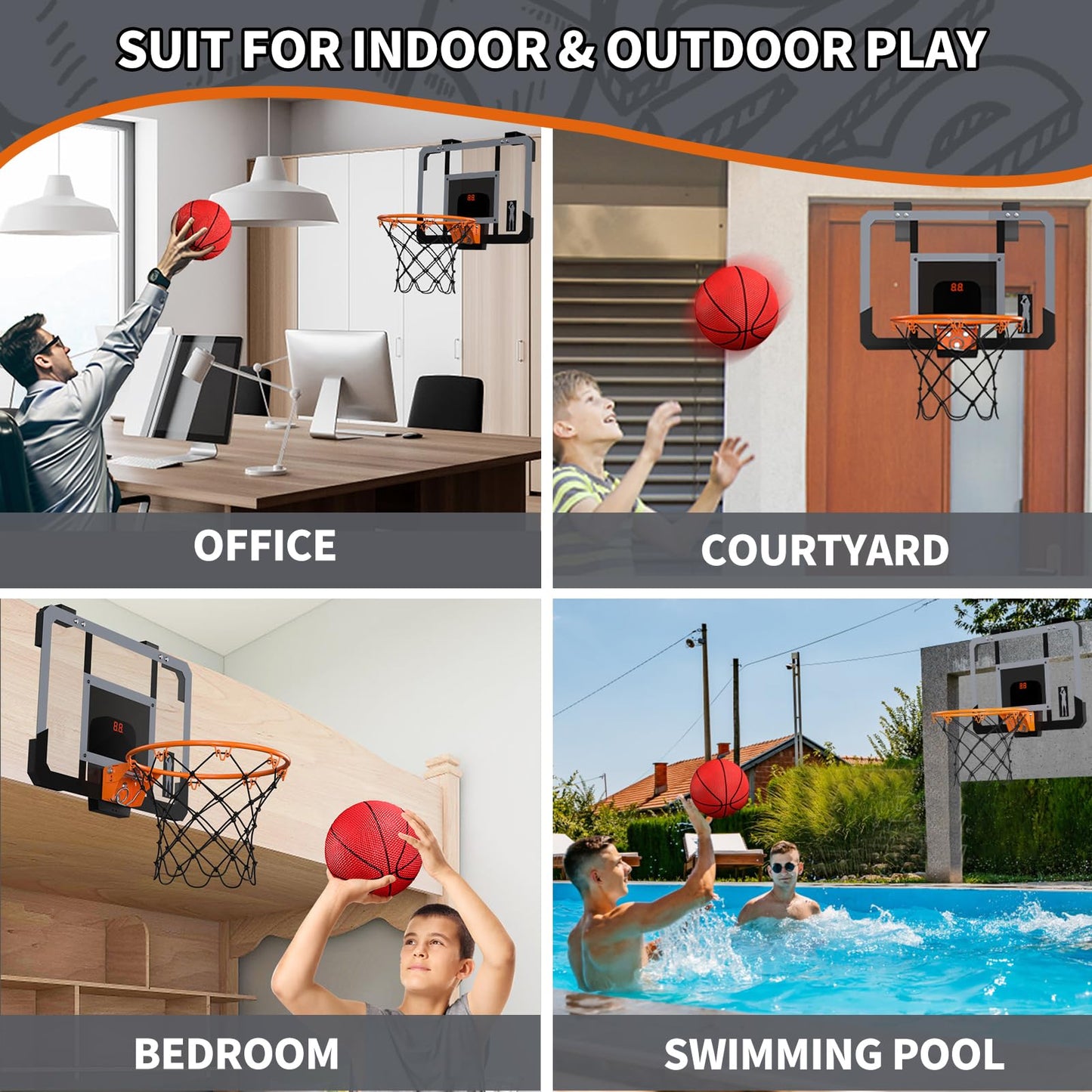 HYES Mini Basketball Hoop for Kids, Room Basketball Set with Electronic Scoreboard, 3 Ball Pump Indoor Outdoor Basketball Hoop, Sports Toy Basketball Board