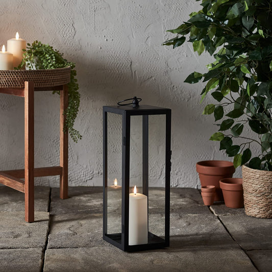 Lights4fun Bowen Metal Lantern in Black with TruGlow® LED Candle for Outdoor and Indoor Use. 45cm Garden Decoration for Balcony.
