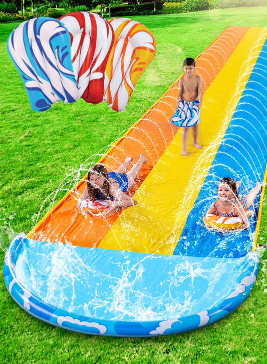 Sloosh 22.5ft x 84in/685.8*213.3cm Waves Triple Garden Water Slide, durable water slide with 3 bodyboards and sprinkler for kids and adults, summer water toy for the garden.