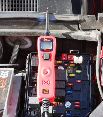 Power Probe 3 circuit tester for automotive electrical systems. A must-have tool for car mechanics and workshops. 12-24V digital multimeter. Activates components by providing power and ground. PP3CSRED.
