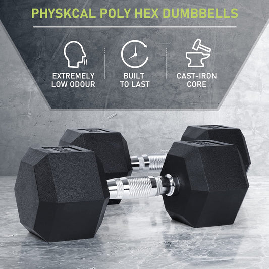 PhysKcal Hexagon Dumbbells Poly-Rubberized | 2,5 kg Pair (2 Pieces) | Non-Slip Coating | Ergonomic Chrome Handles | Dumbbell Set | Dumbbells Set
