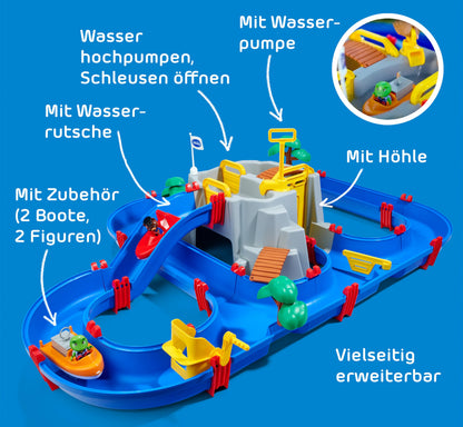 AquaPlay - Water track MountainLake - 42-piece game set with a high mountain, waterfall, and secret cave, water play fun including 2 animal figures and 2 boats, for children aged 3 and up.