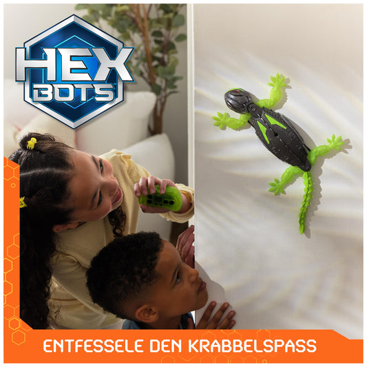 Hex Bots - Wall Crawler Gecko, remote-controlled gecko that crawls on walls and ceilings, with glowing LED eyes, remote included, realistic movements, for kids ages 4 and up.